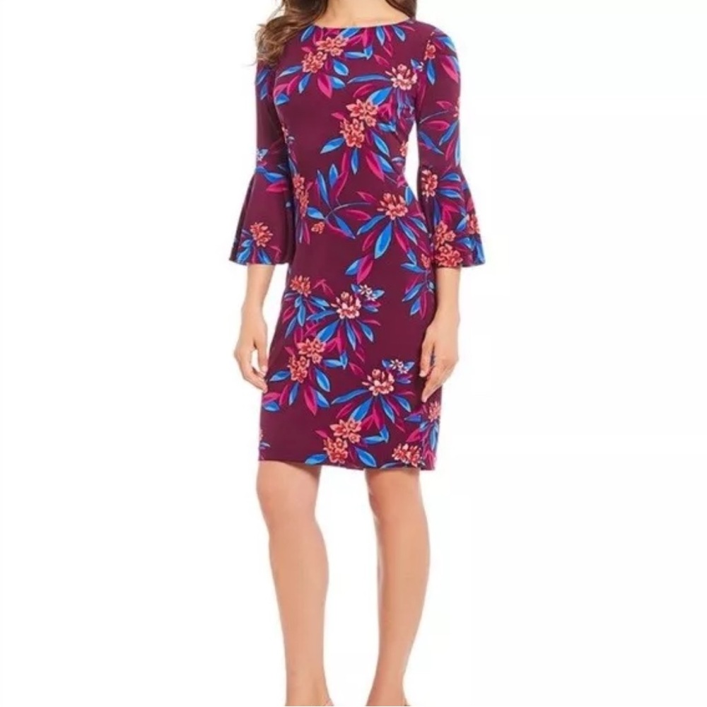 Sz 8 Calvin Klein Blue and Pink Sheath Dress with Bell Sleeves